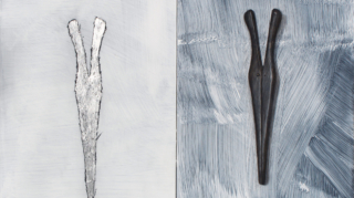 'Annunciation (Glove Stretchers)', 2022, charcoal and chalk drawing with gold leaf on acrylic-primed aluminium, two panels, each 30x20cm